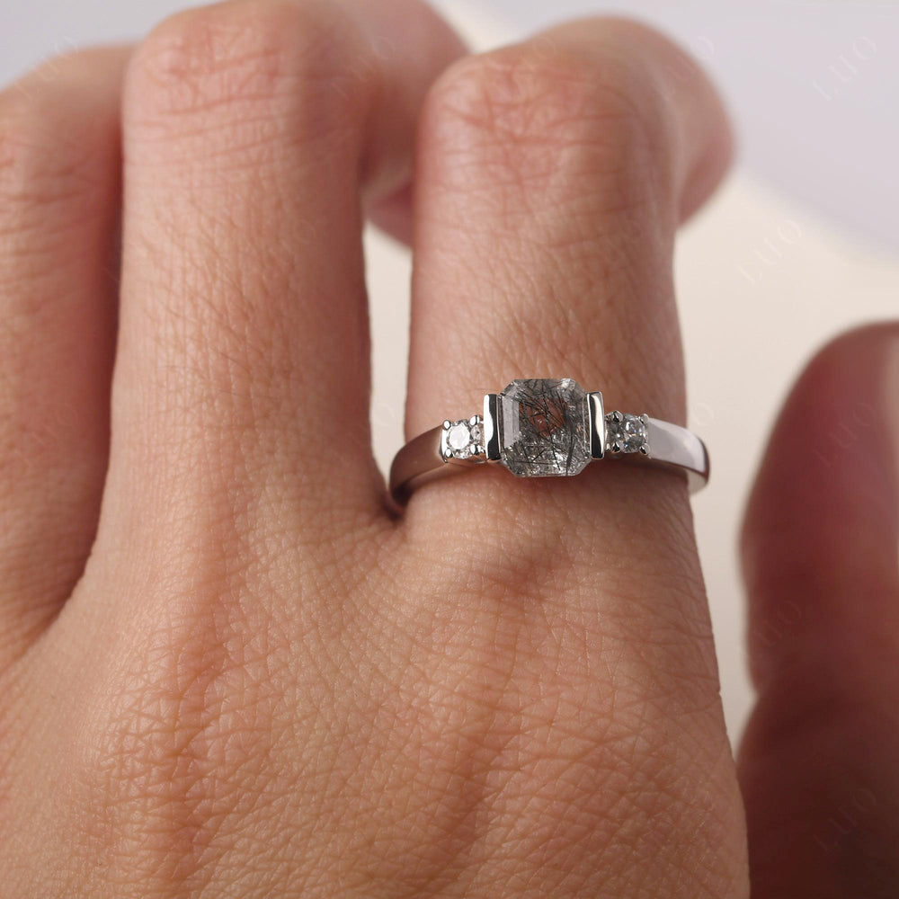 Rutilated Quartz Half Bezel Set Asscher Wedding Rings - LUO Jewelry