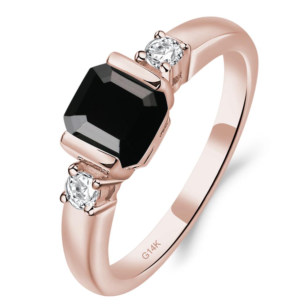 Black Stone Half Bezel Set Asscher Cut Ring - LUO Jewelry #metal_14k rose gold
