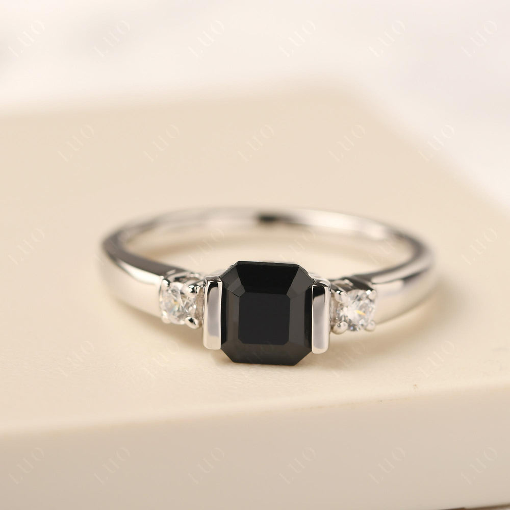 Black Spinel Half Bezel Set Asscher Wedding Rings - LUO Jewelry
