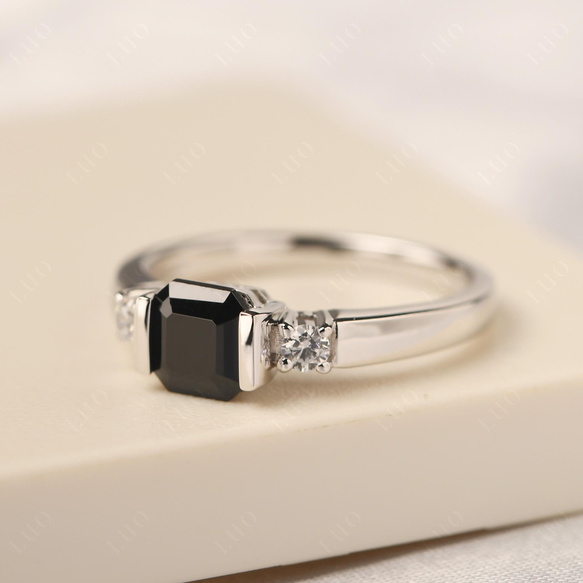 Black Stone Half Bezel Set Asscher Cut Ring - LUO Jewelry