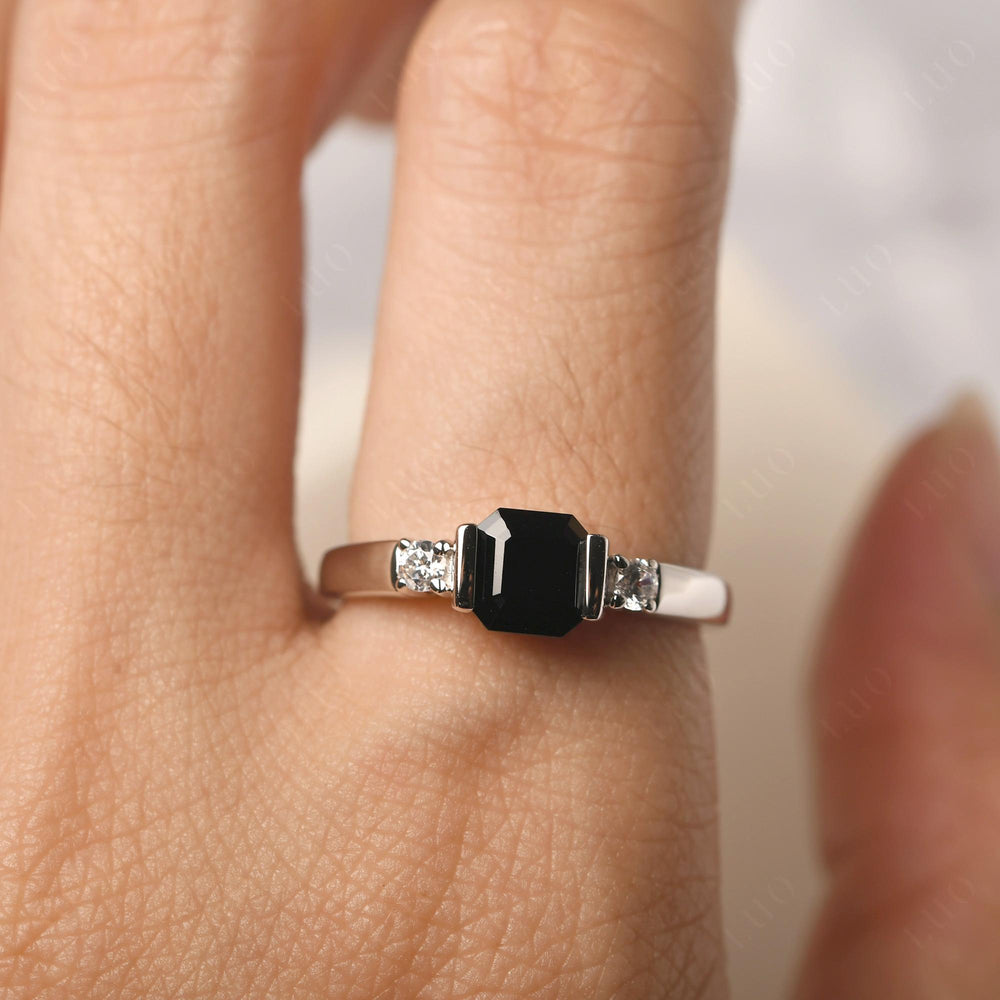 Black Spinel Half Bezel Set Asscher Wedding Rings - LUO Jewelry