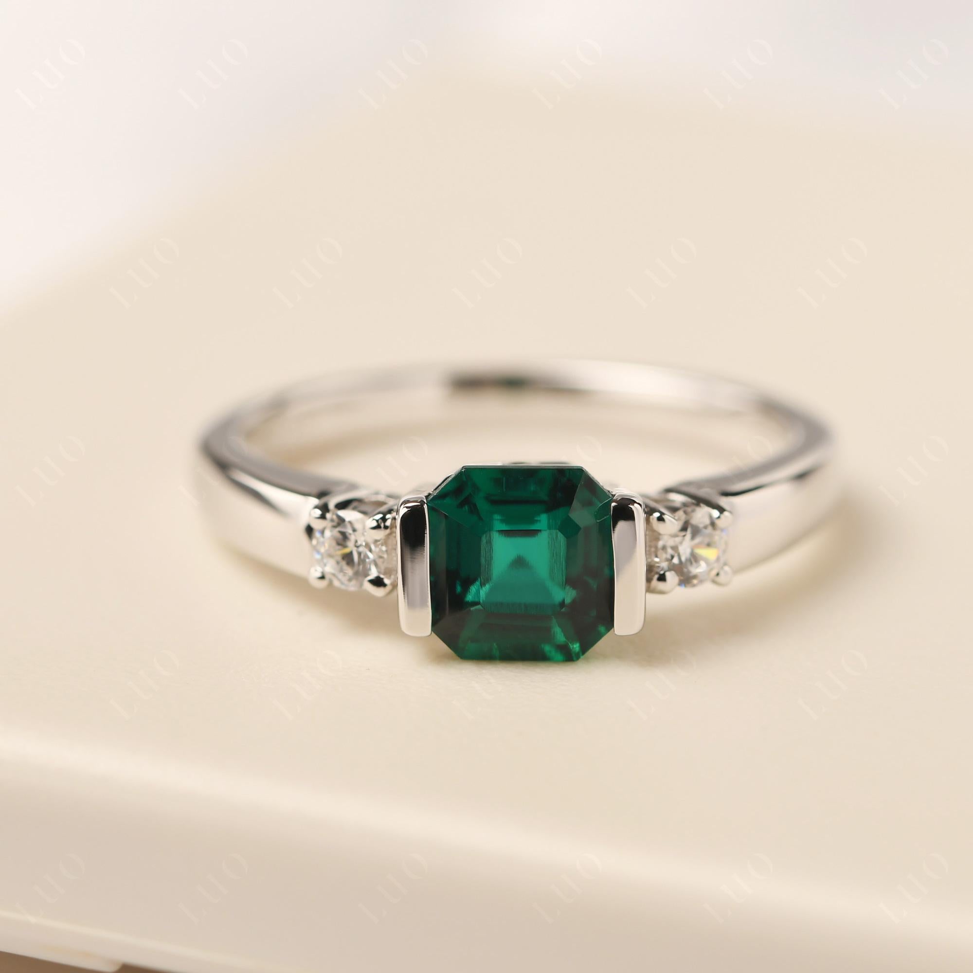 Emerald Half Bezel Set Asscher Cut Ring - LUO Jewelry