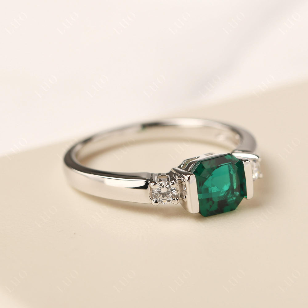 Emerald Half Bezel Set Asscher Wedding Rings - LUO Jewelry