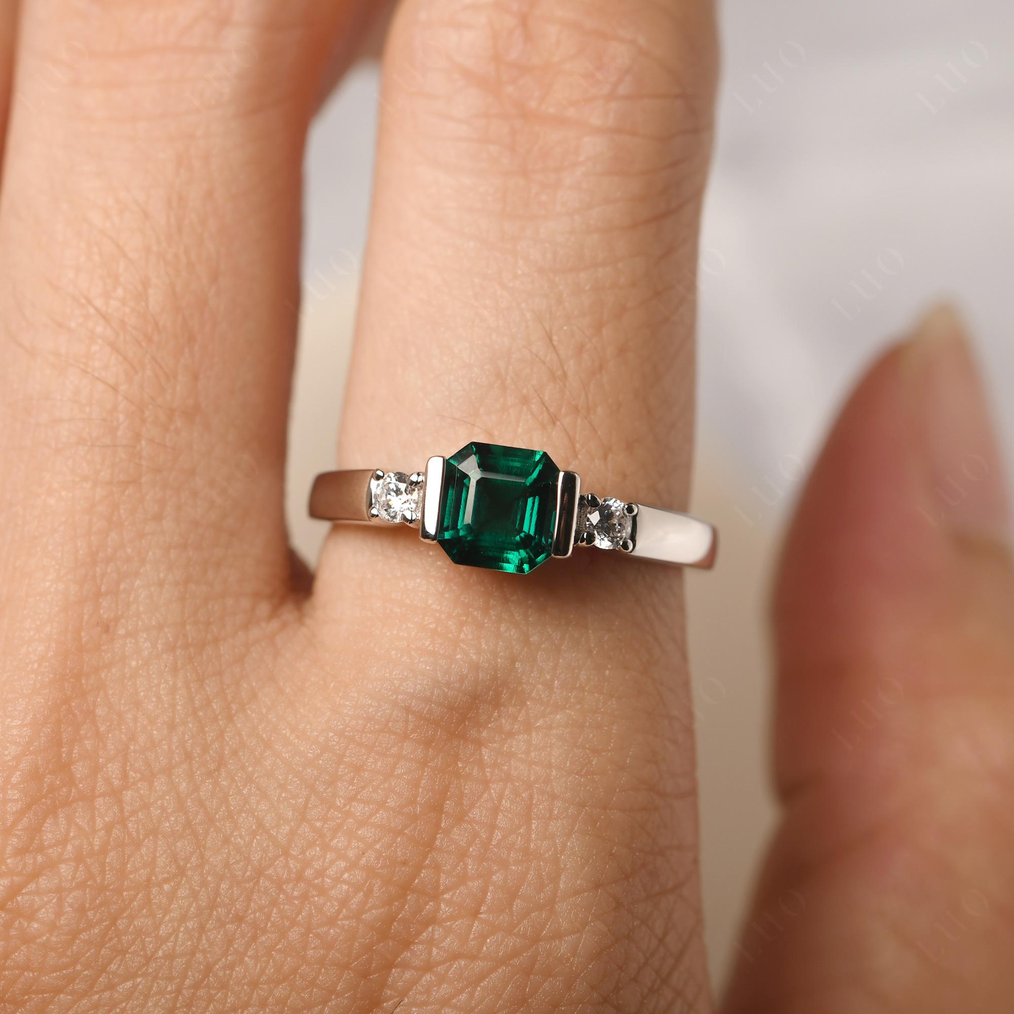 Emerald Half Bezel Set Asscher Cut Ring - LUO Jewelry