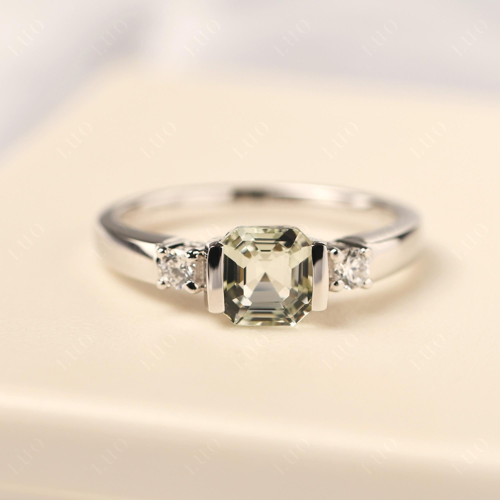 Green Amethyst Half Bezel Set Asscher Cut Ring - LUO Jewelry