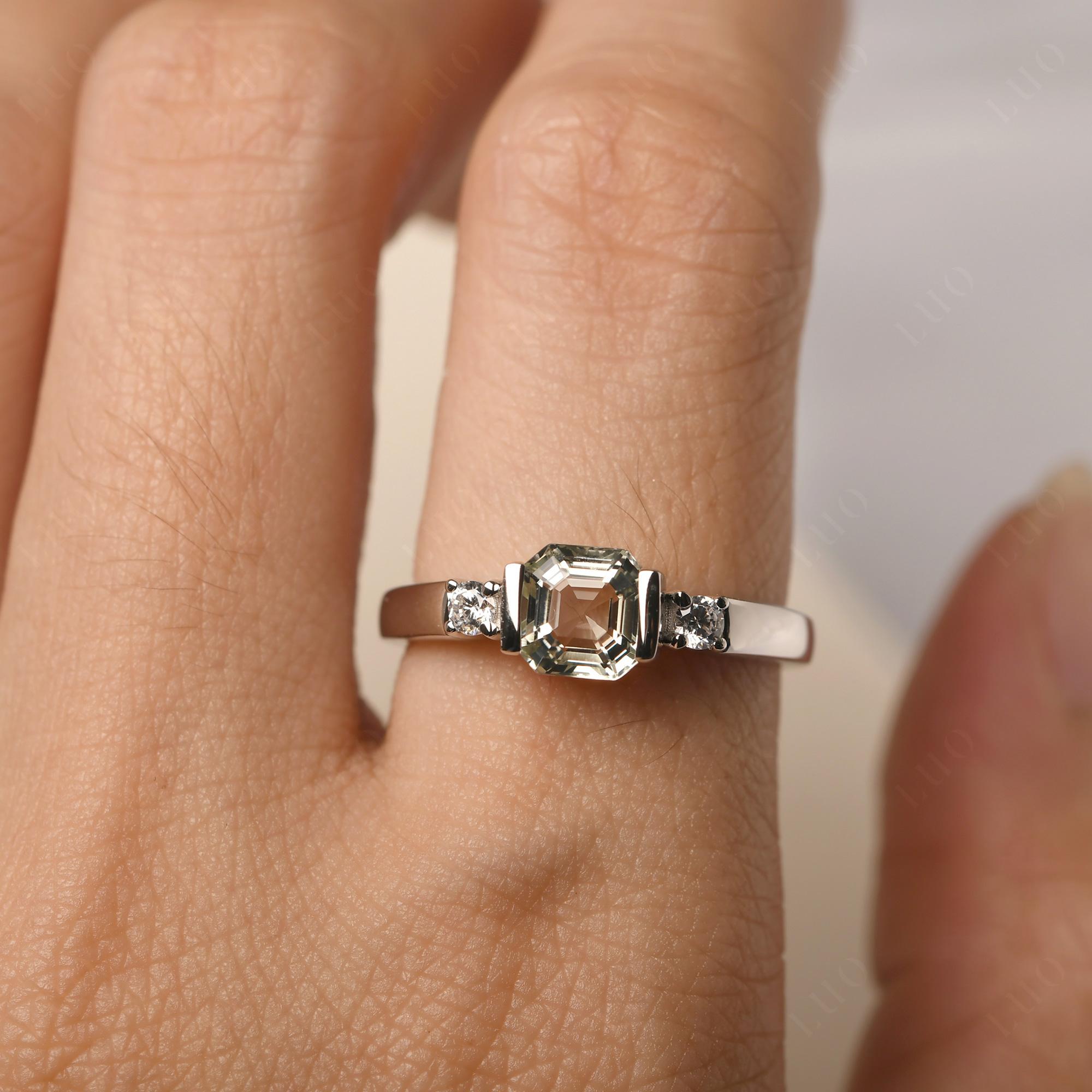 Green Amethyst Half Bezel Set Asscher Cut Ring - LUO Jewelry