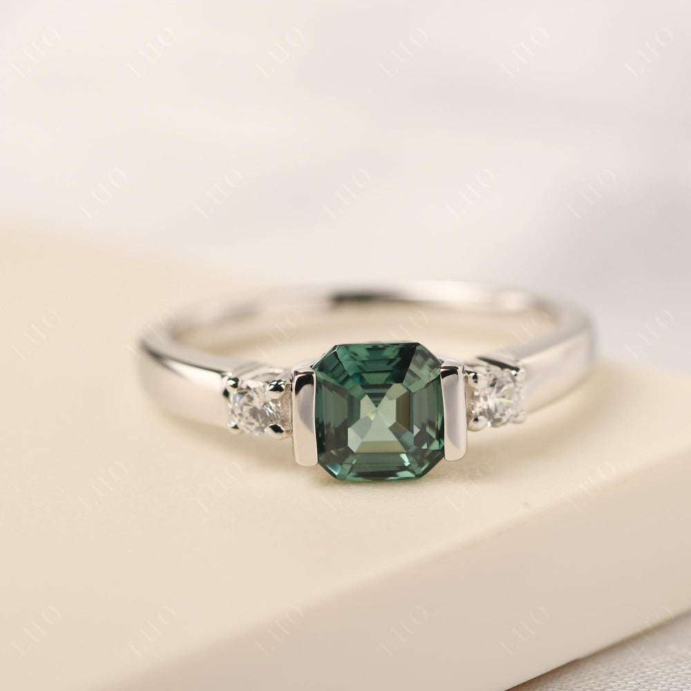 Green Sapphire Half Bezel Set Asscher Wedding Rings - LUO Jewelry