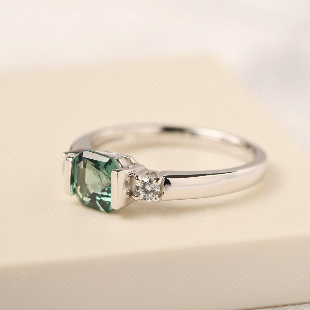Green Sapphire Half Bezel Set Asscher Wedding Rings - LUO Jewelry