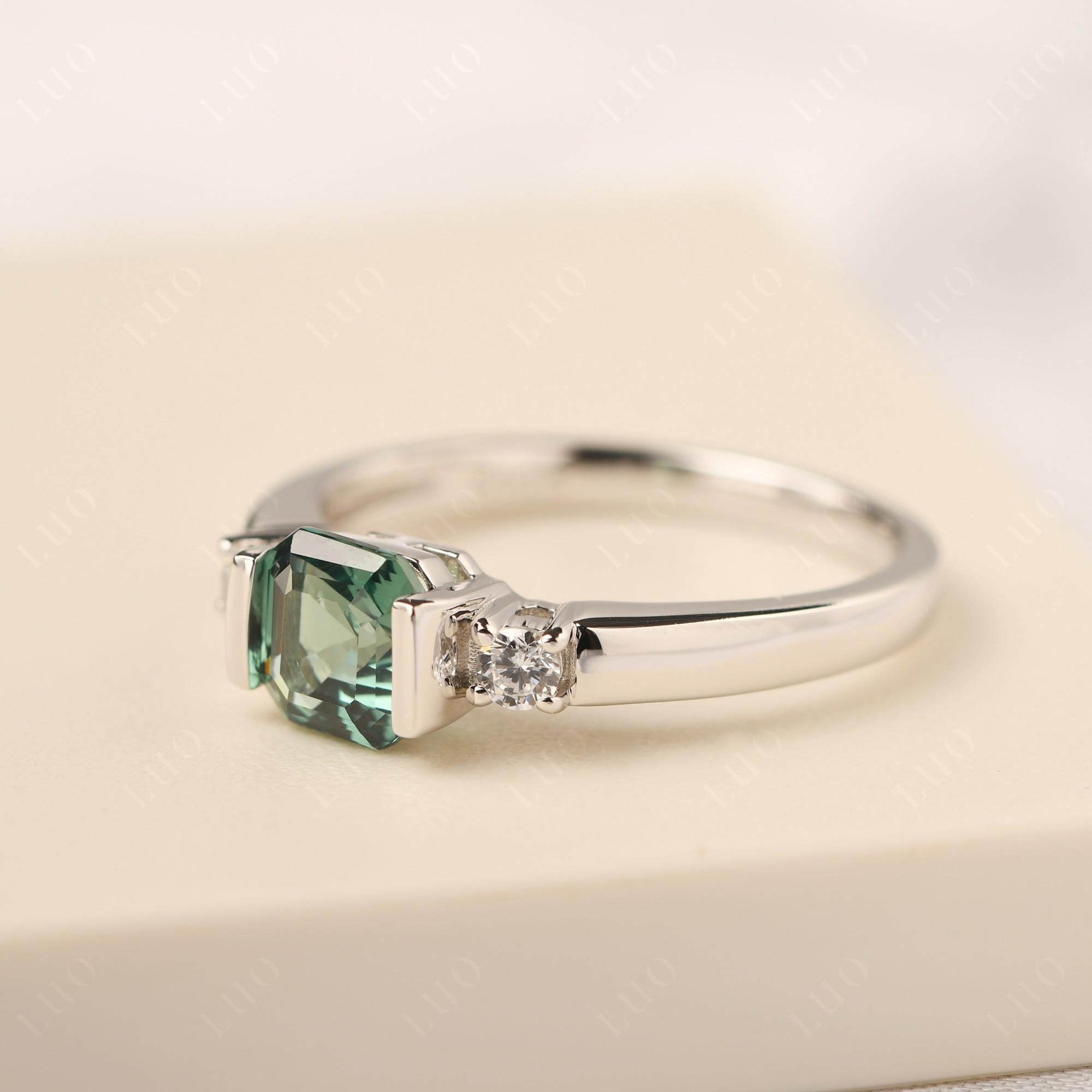 Lab Created Green Sapphire Half Bezel Set Asscher Cut Ring - LUO Jewelry