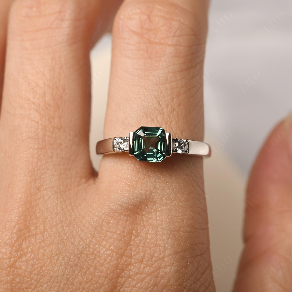 Green Sapphire Half Bezel Set Asscher Wedding Rings - LUO Jewelry