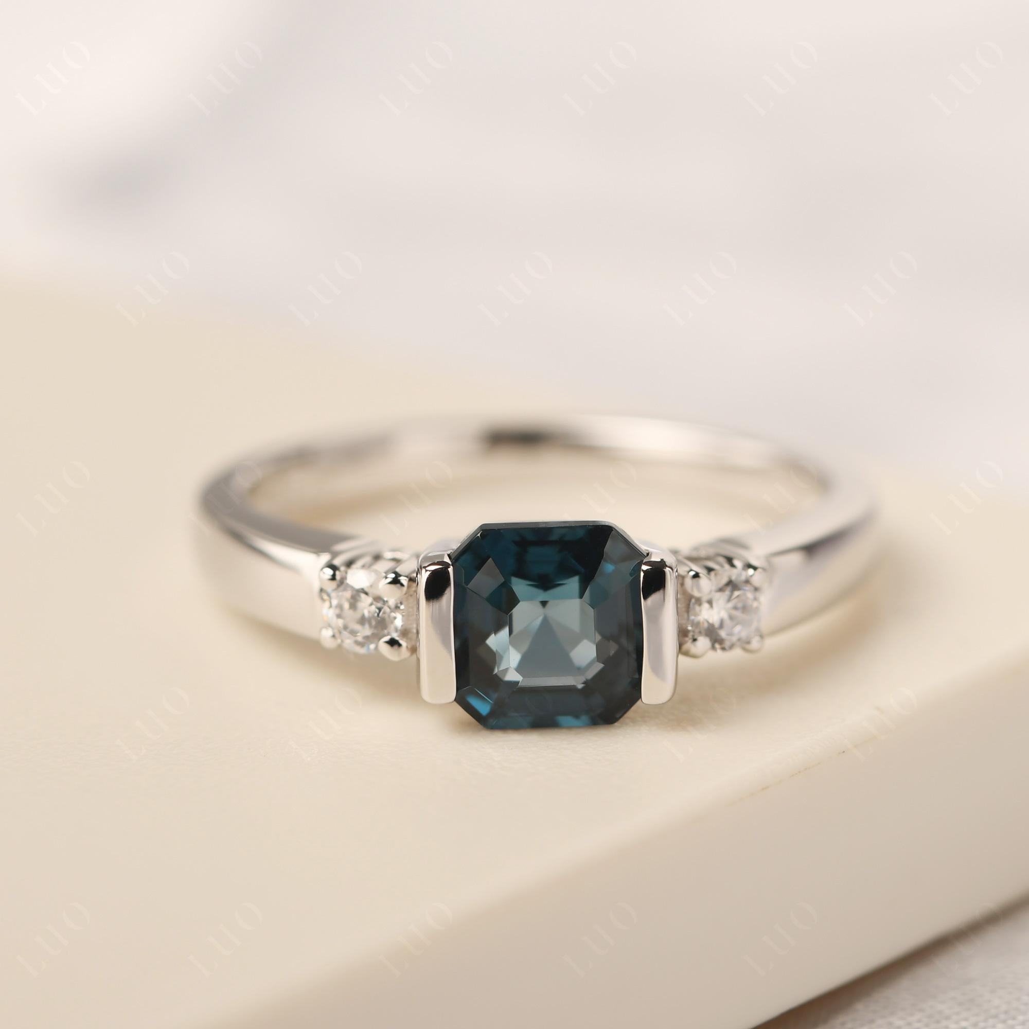 London Blue Topaz Half Bezel Set Asscher Cut Ring - LUO Jewelry
