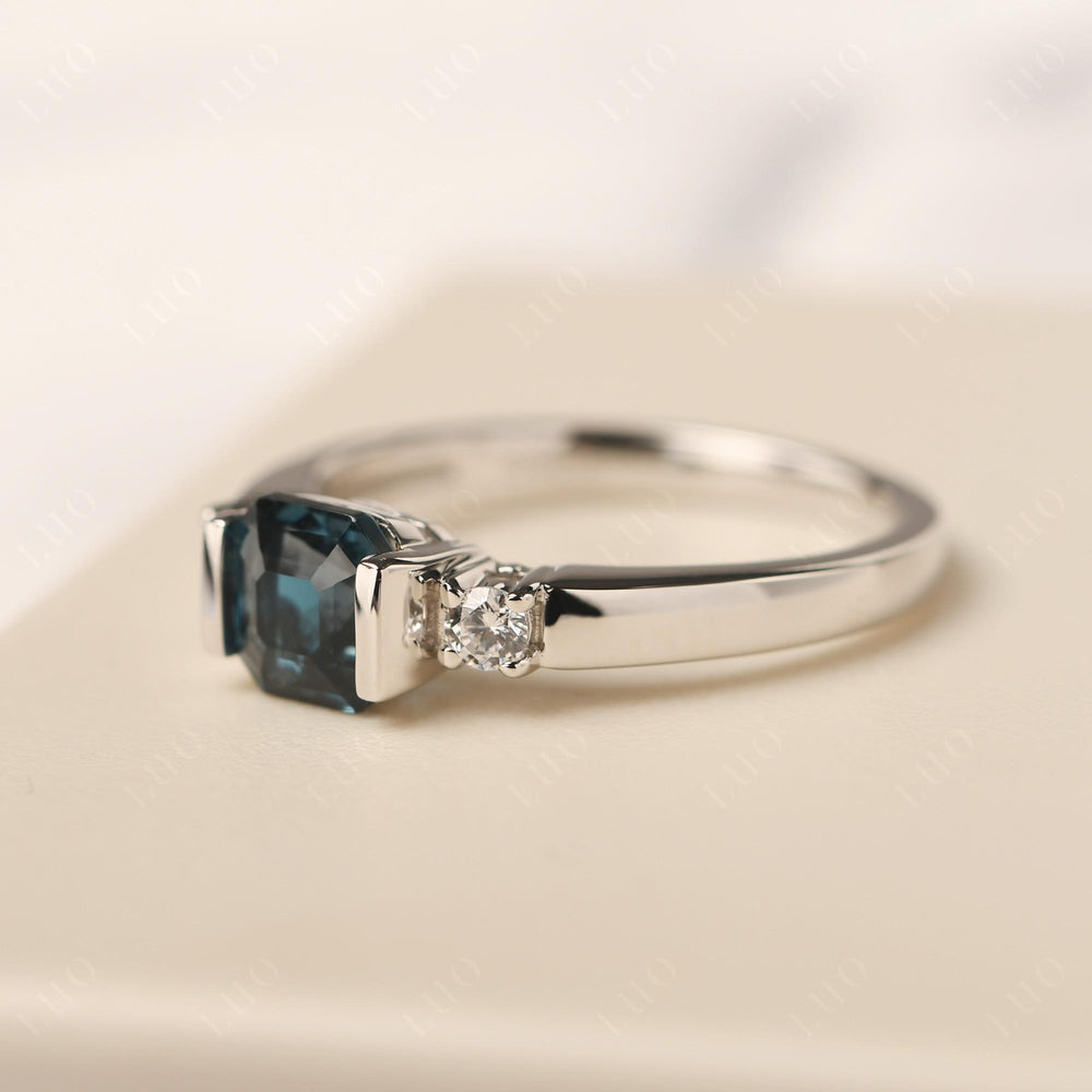 London Blue Topaz Half Bezel Set Asscher Wedding Rings - LUO Jewelry