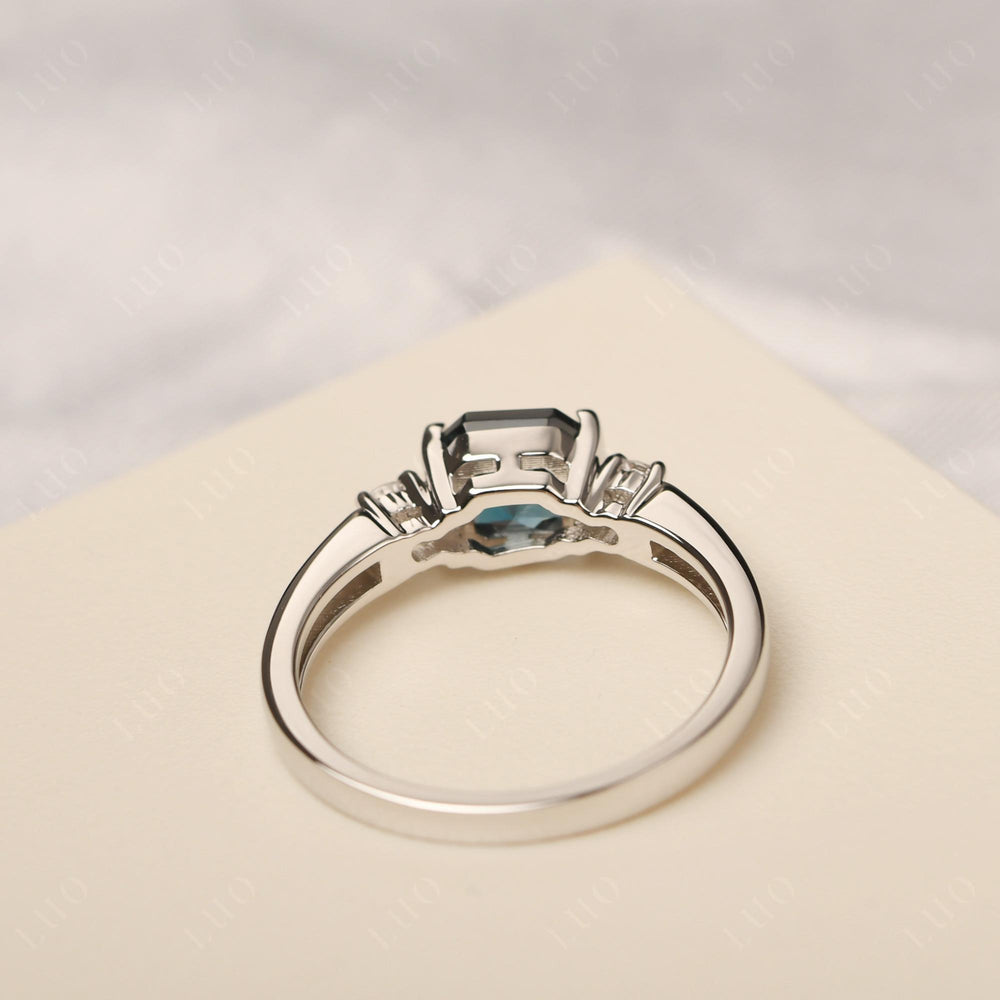London Blue Topaz Half Bezel Set Asscher Wedding Rings - LUO Jewelry