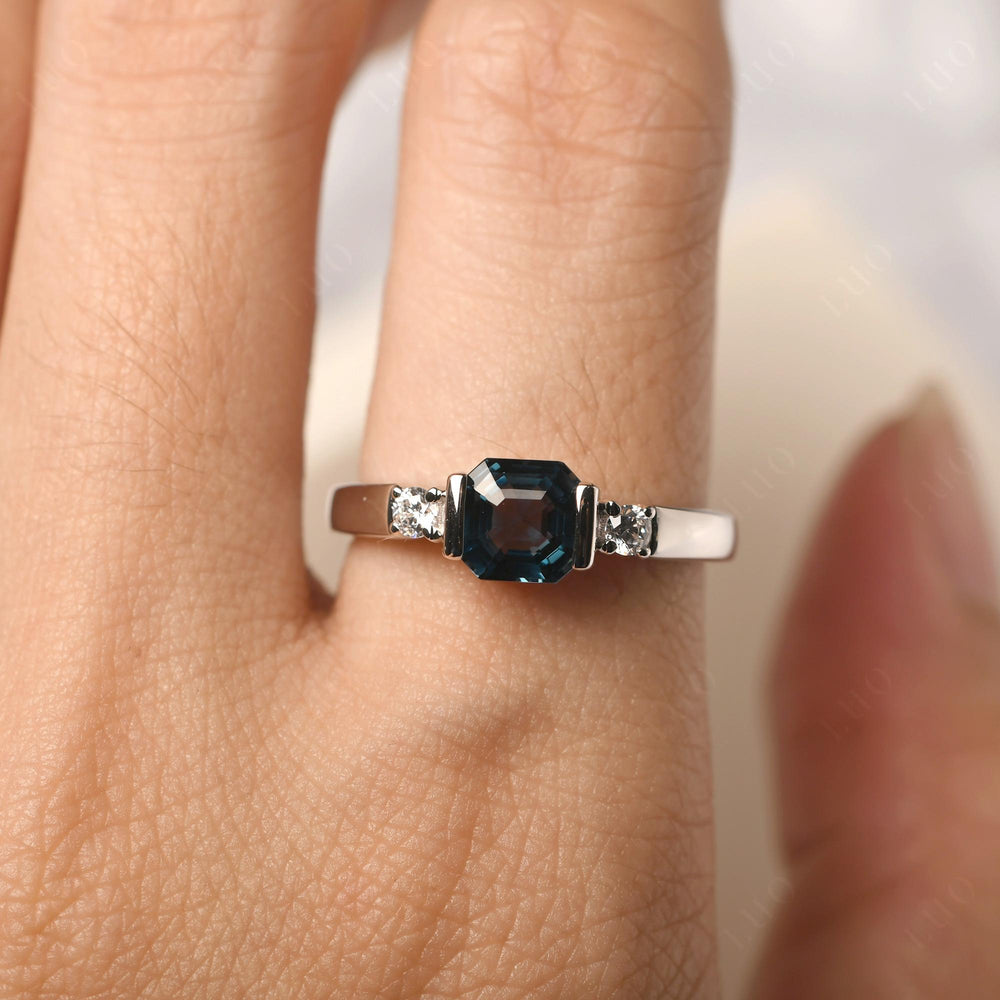 London Blue Topaz Half Bezel Set Asscher Wedding Rings - LUO Jewelry