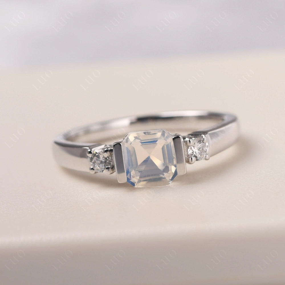 Moonstone Half Bezel Set Asscher Wedding Rings - LUO Jewelry