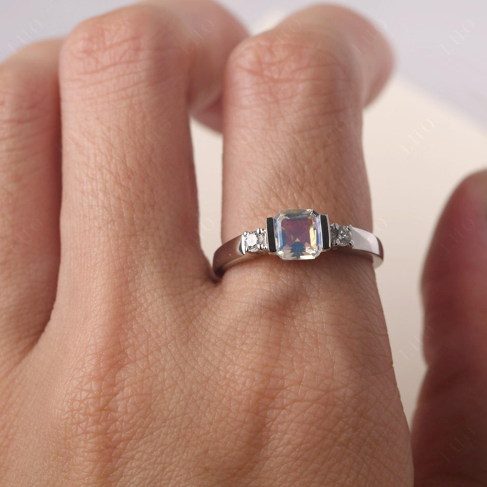 Moonstone Half Bezel Set Asscher Wedding Rings - LUO Jewelry