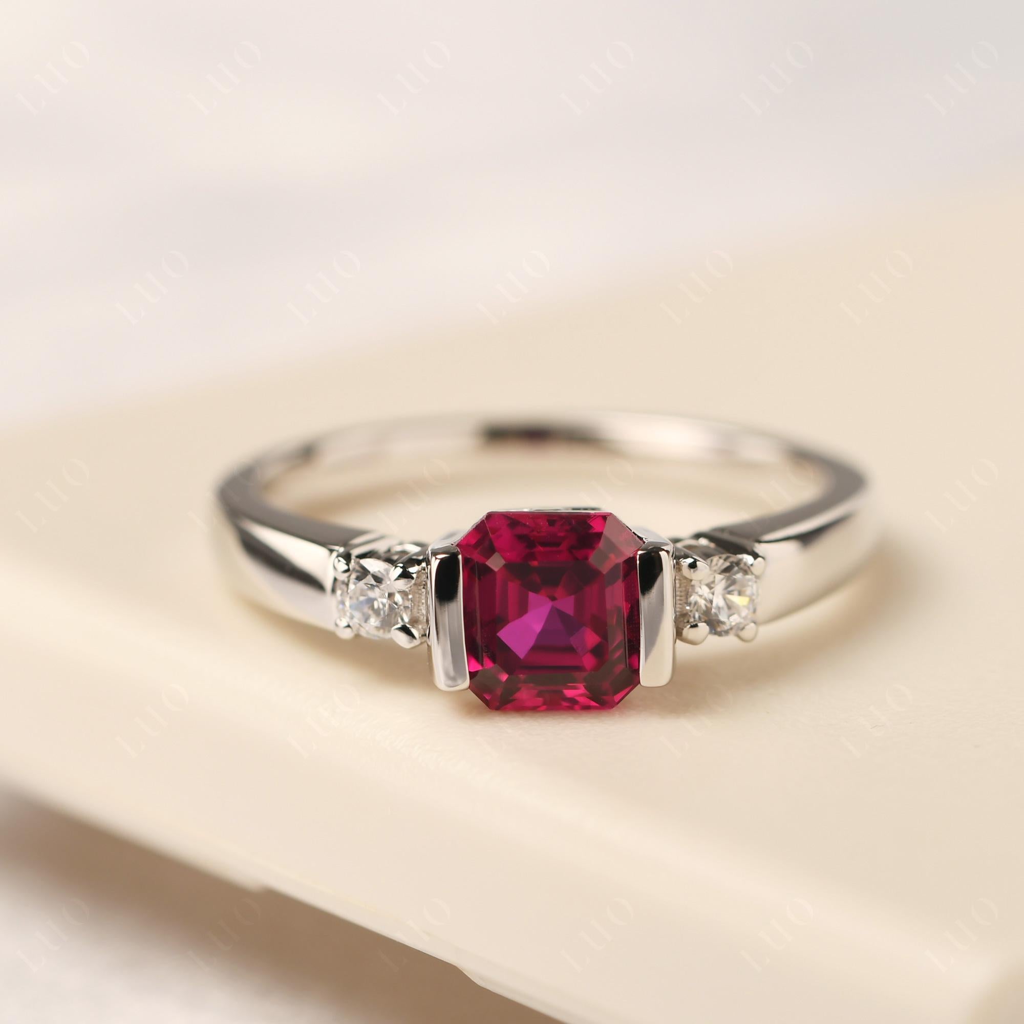 Lab Grown Ruby Half Bezel Set Asscher Cut Ring - LUO Jewelry