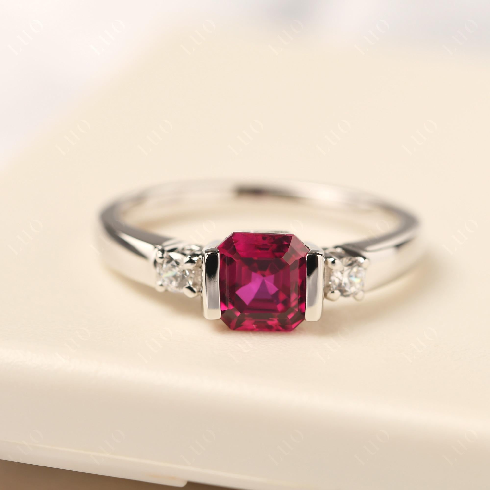 Lab Grown Ruby Half Bezel Set Asscher Cut Ring - LUO Jewelry