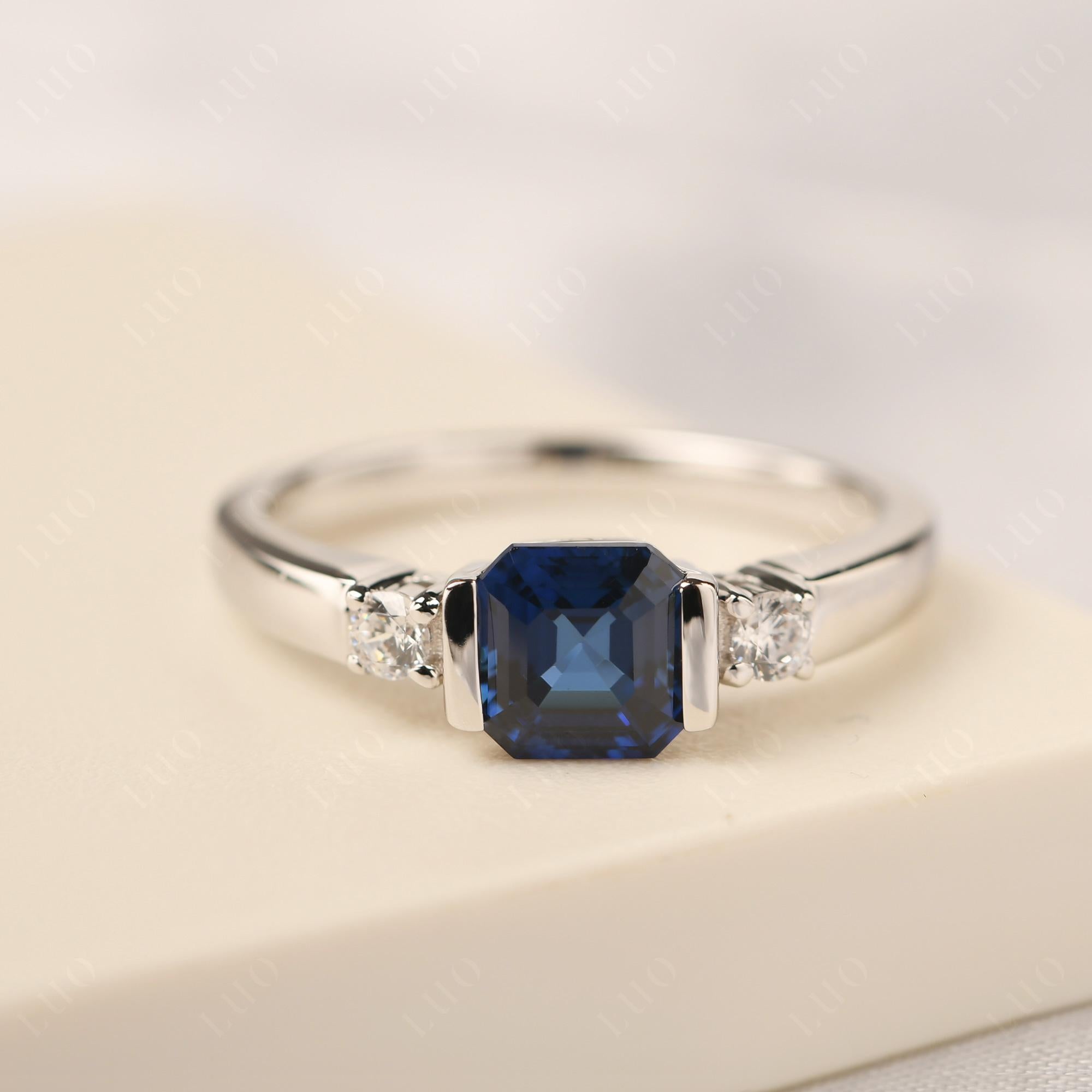 Lab Grown Sapphire Half Bezel Set Asscher Cut Ring - LUO Jewelry