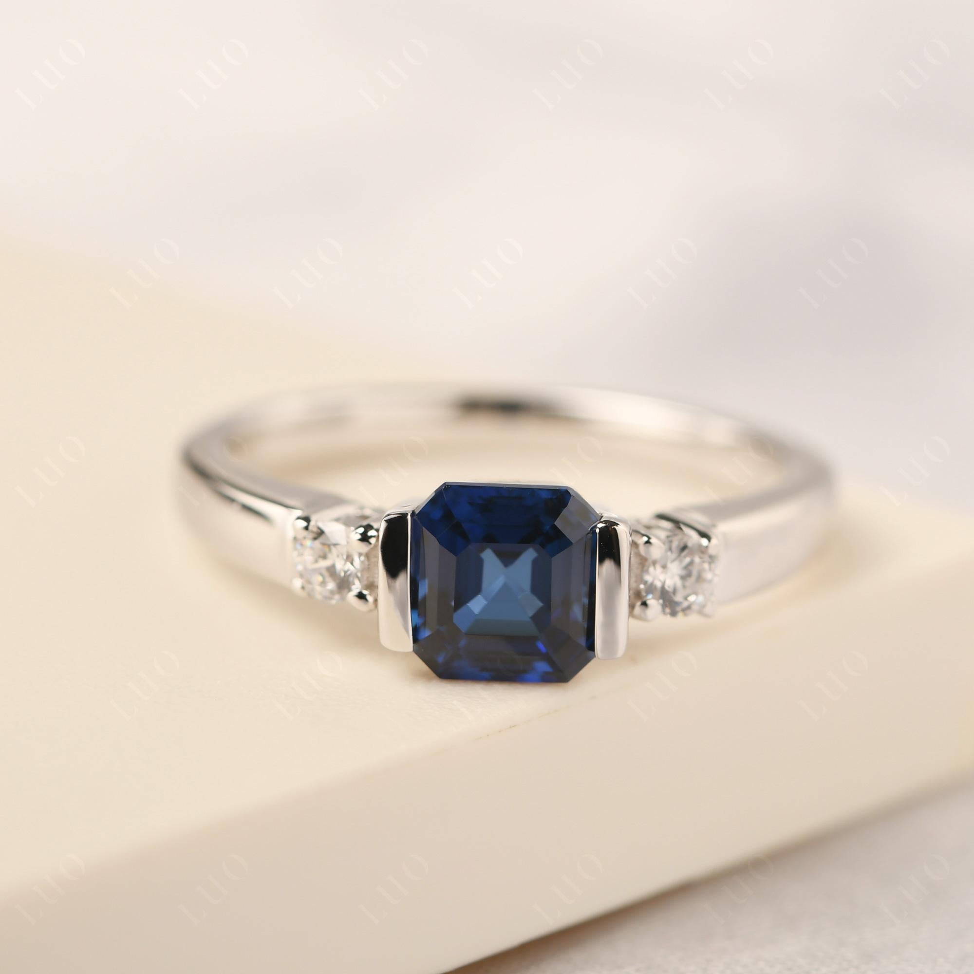 Lab Grown Sapphire Half Bezel Set Asscher Cut Ring - LUO Jewelry