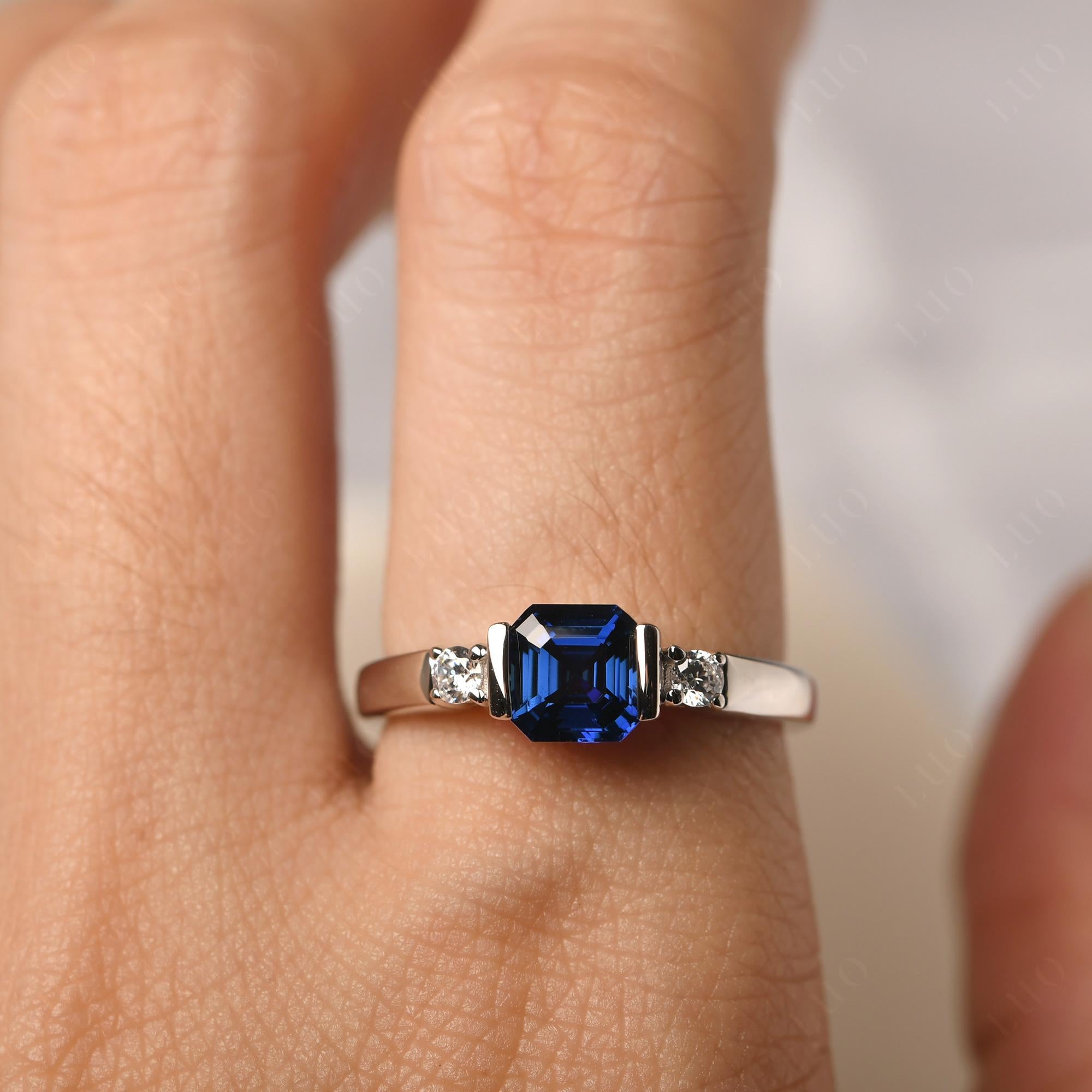 Lab Grown Sapphire Half Bezel Set Asscher Cut Ring - LUO Jewelry