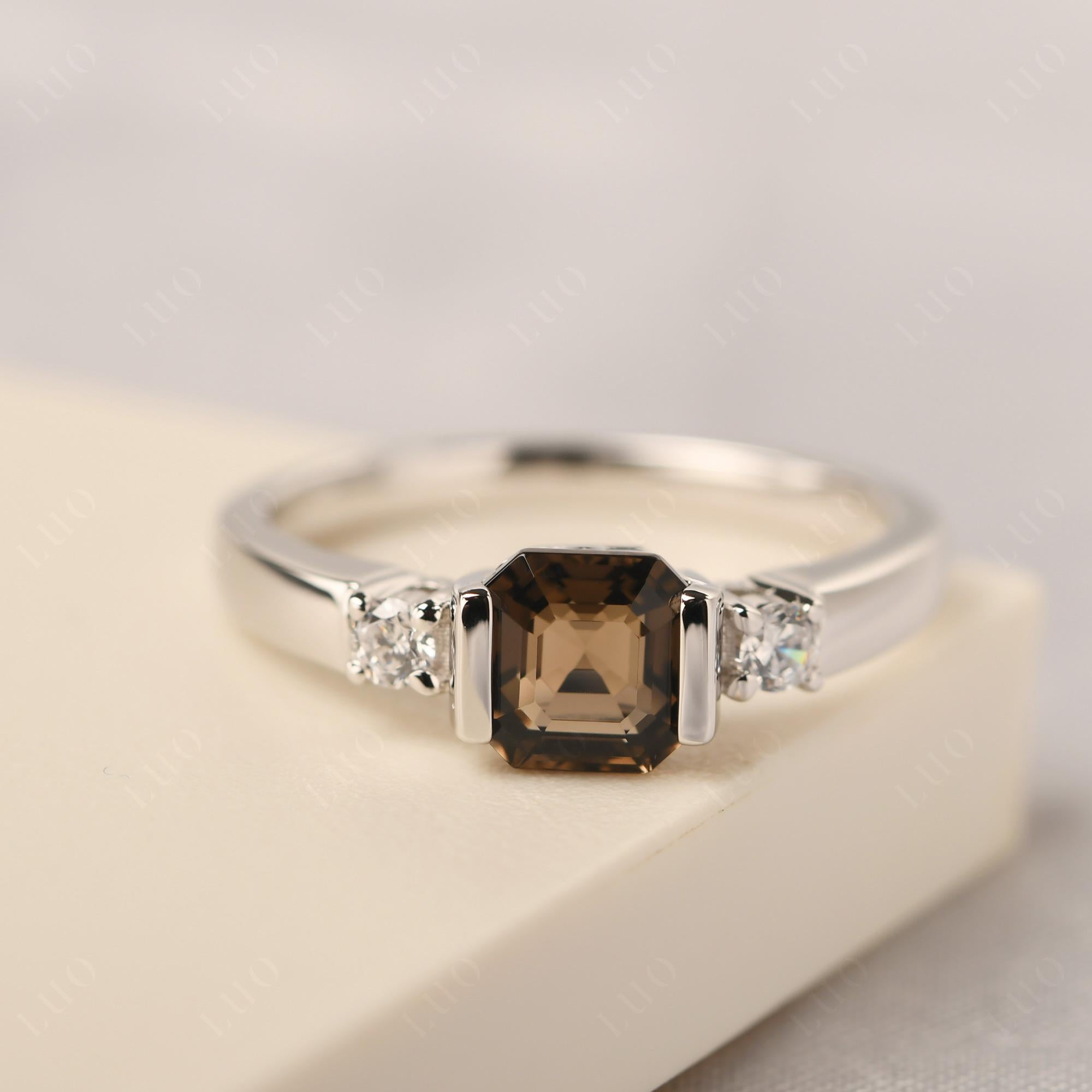Smoky Quartz Half Bezel Set Asscher Cut Ring - LUO Jewelry