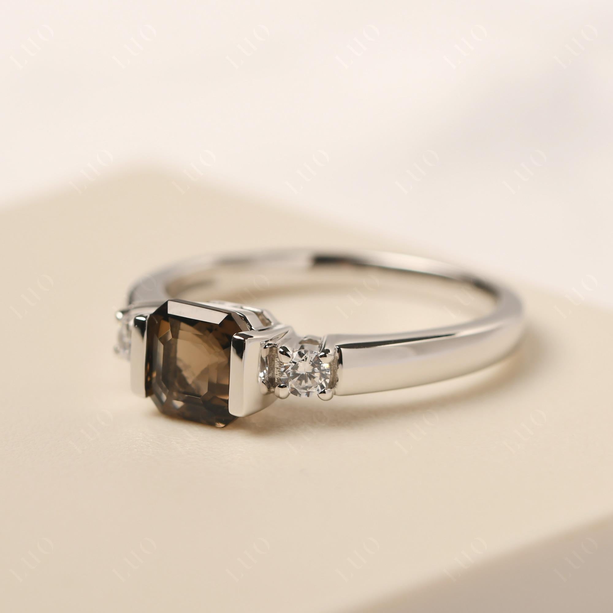 Smoky Quartz Half Bezel Set Asscher Cut Ring - LUO Jewelry