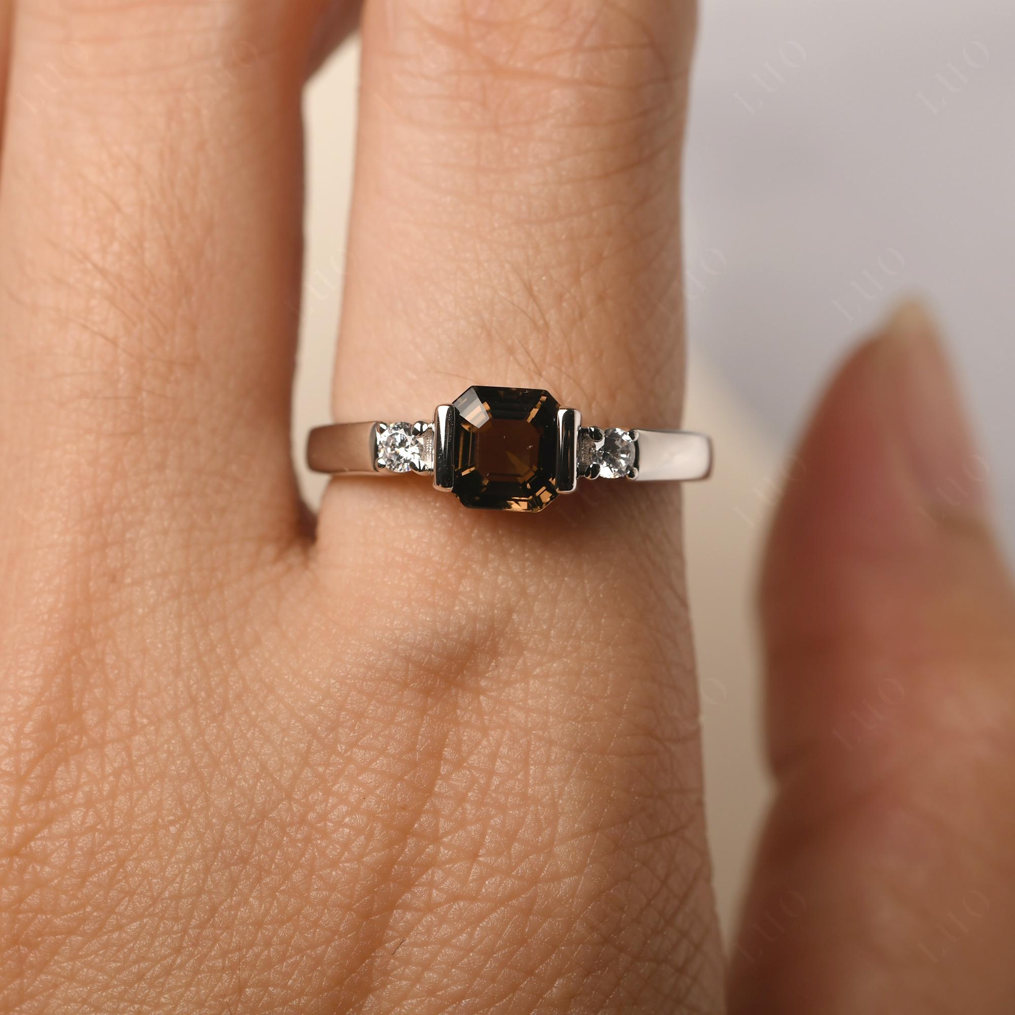 Smoky Quartz Half Bezel Set Asscher Cut Ring - LUO Jewelry