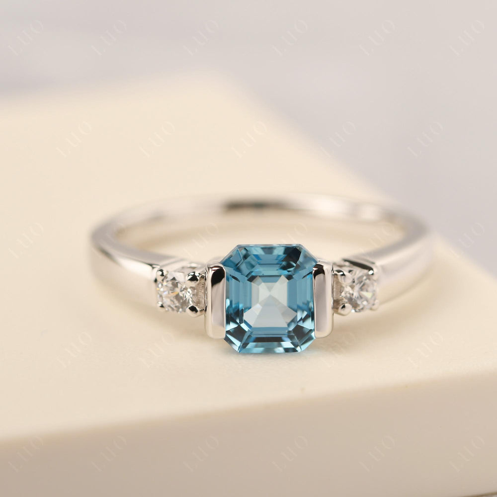 Swiss Blue Topaz Half Bezel Set Asscher Wedding Rings - LUO Jewelry