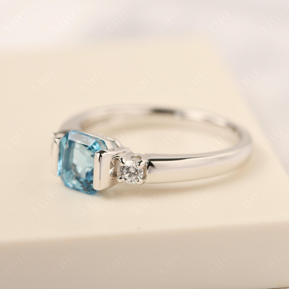 Swiss Blue Topaz Half Bezel Set Asscher Wedding Rings - LUO Jewelry