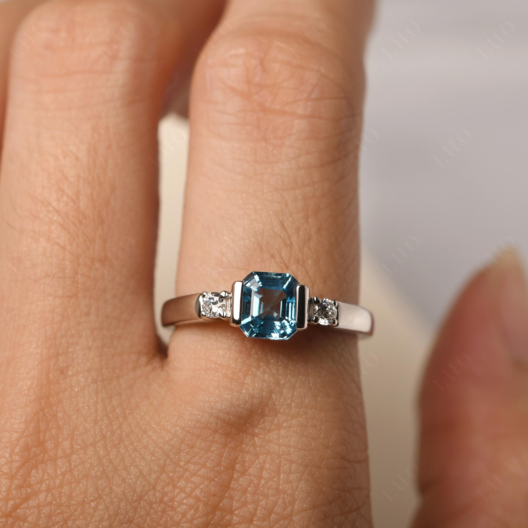 Swiss Blue Topaz Half Bezel Set Asscher Cut Ring - LUO Jewelry