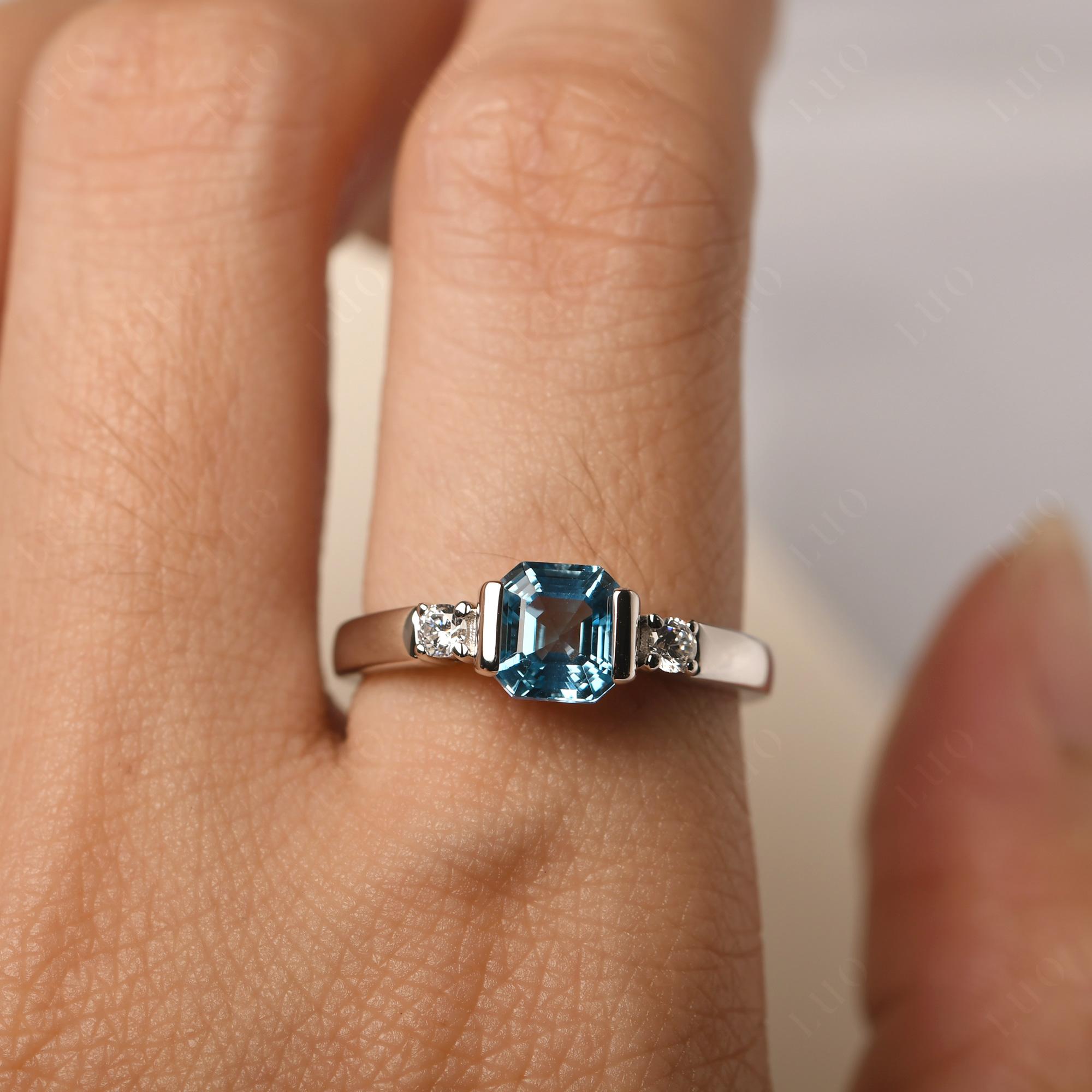 Swiss Blue Topaz Half Bezel Set Asscher Cut Ring - LUO Jewelry
