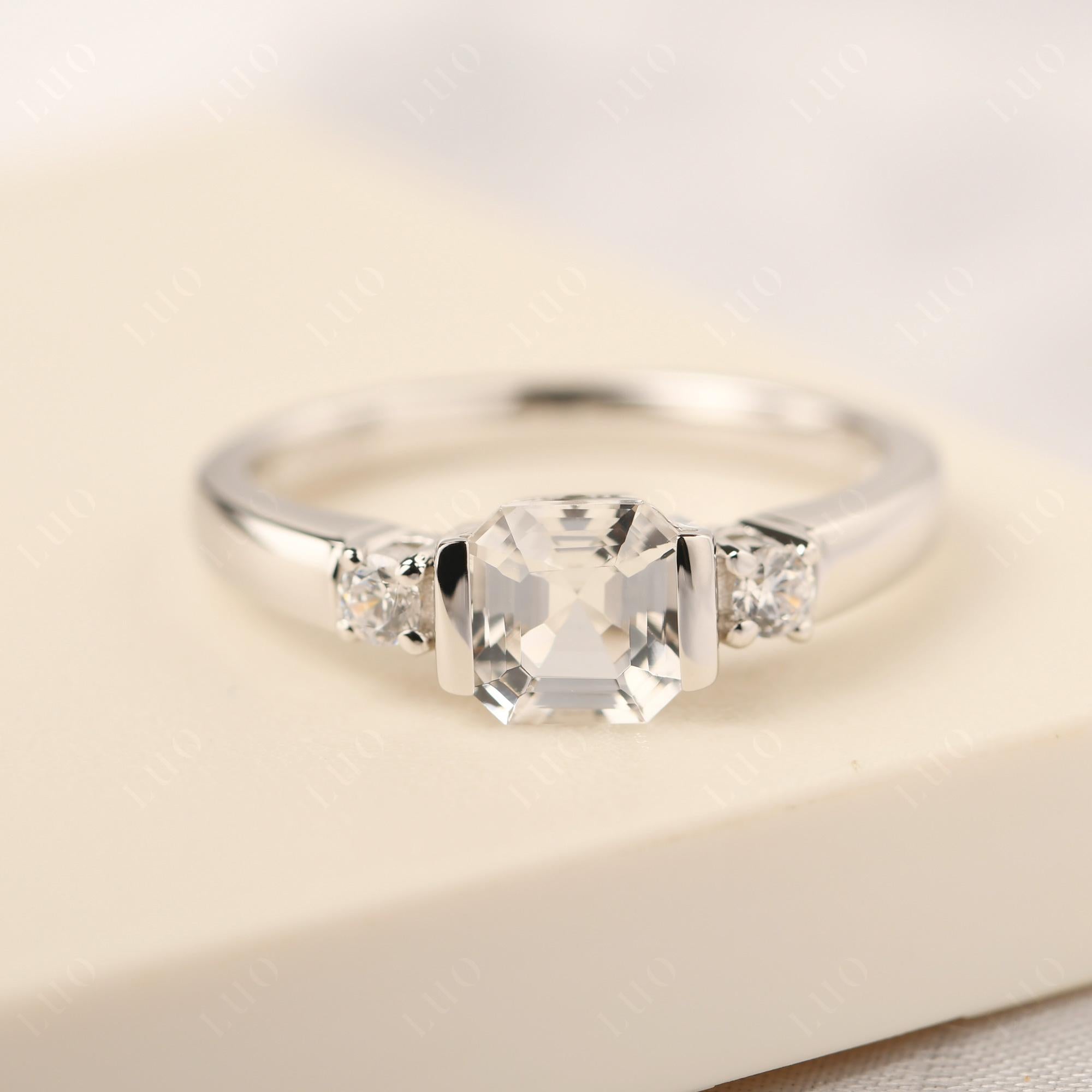 White Topaz Half Bezel Set Asscher Cut Ring - LUO Jewelry