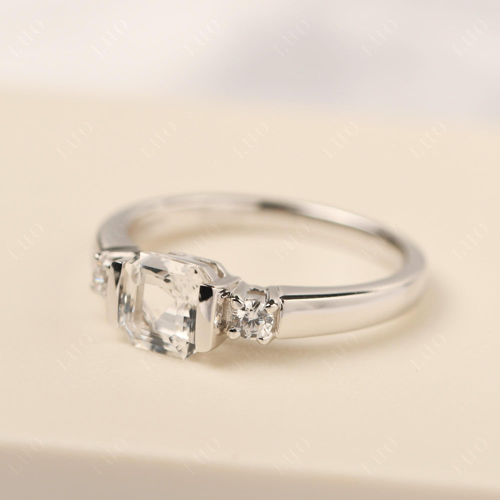 White Topaz Half Bezel Set Asscher Wedding Rings - LUO Jewelry