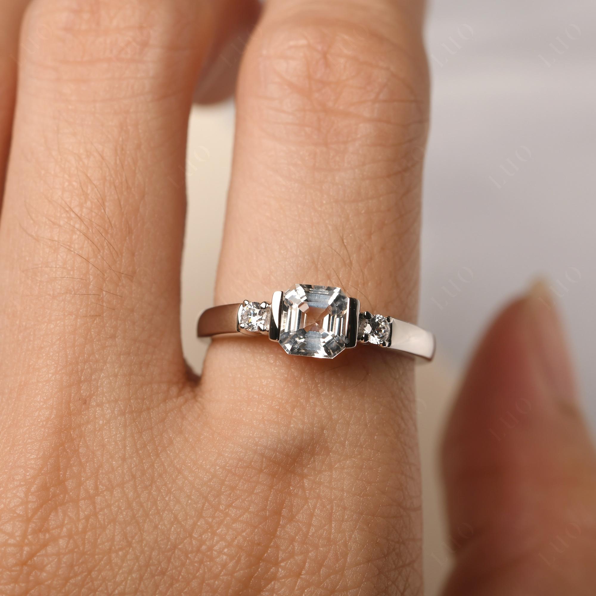 White Topaz Half Bezel Set Asscher Cut Ring - LUO Jewelry