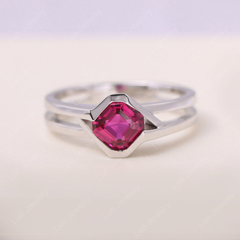 Asscher Cut Ruby Bezel Kite Set Ring