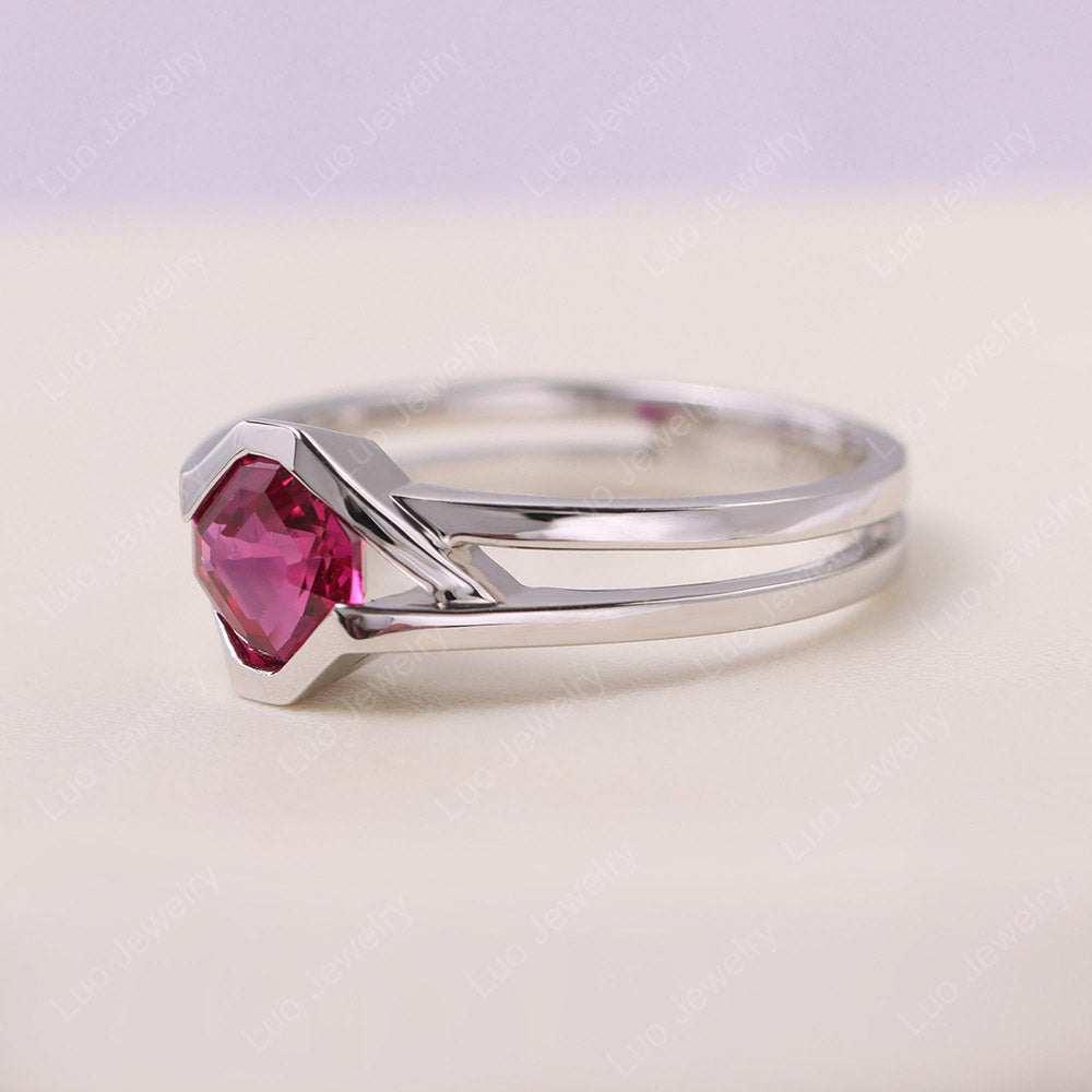 Asscher Cut Ruby Bezel Kite Set Ring