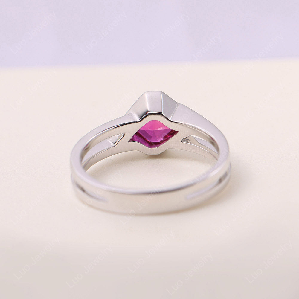 Asscher Cut Lab Ruby Bezel Kite Set Ring