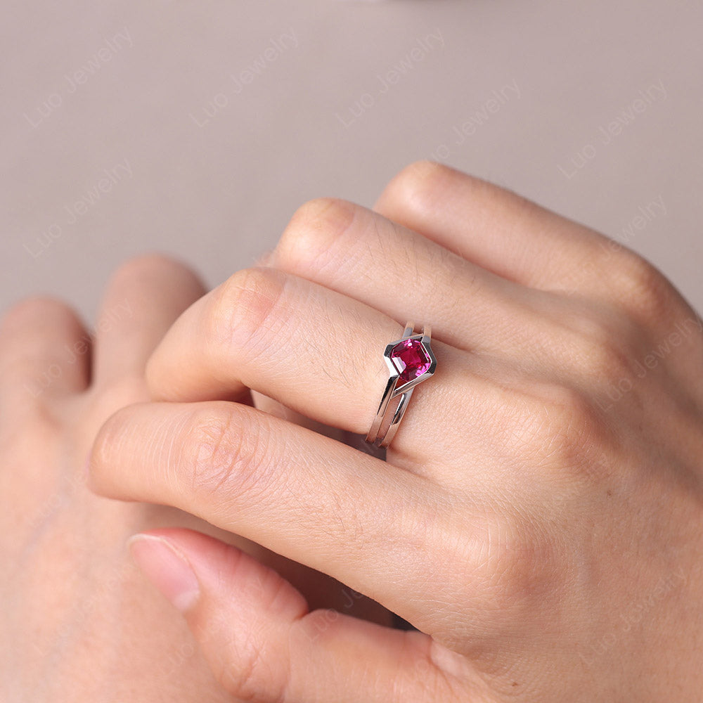 Asscher Cut Lab Ruby Bezel Kite Set Ring