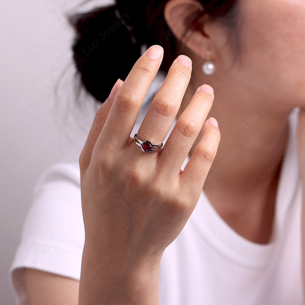 Asscher Cut Lab Ruby Bezel Kite Set Ring