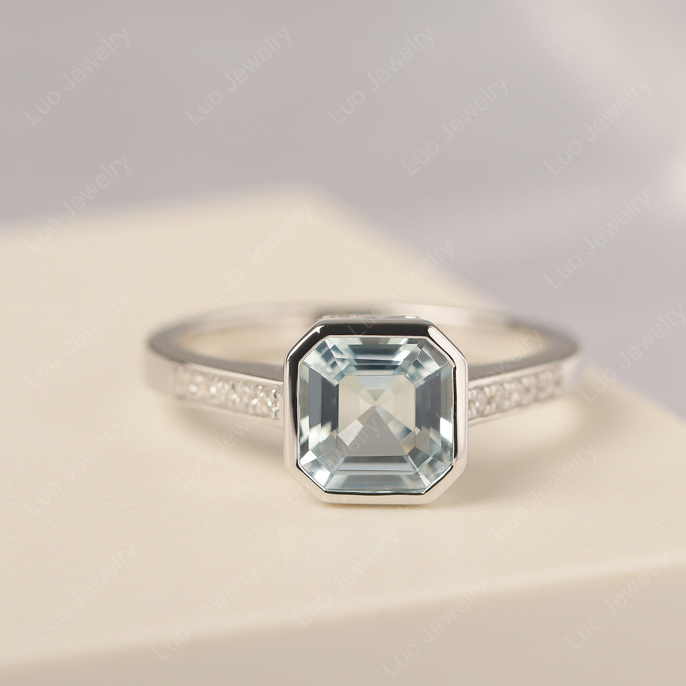 Aquamarine Bezel Set Asscher Engagement Rings - LUO Jewelry