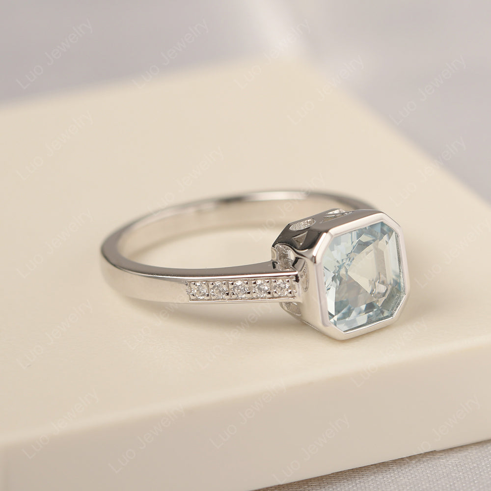 Aquamarine Bezel Set Asscher Engagement Rings - LUO Jewelry