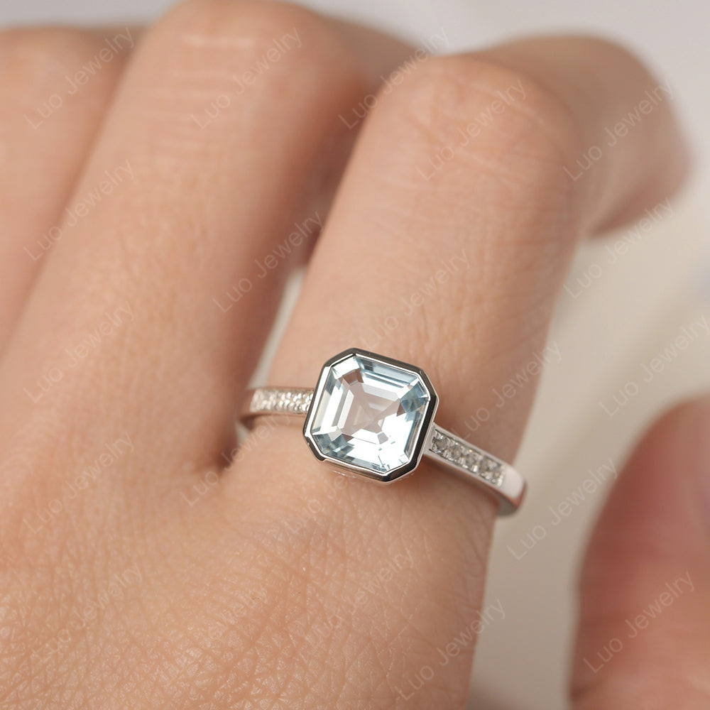 Aquamarine Bezel Set Asscher Engagement Rings - LUO Jewelry