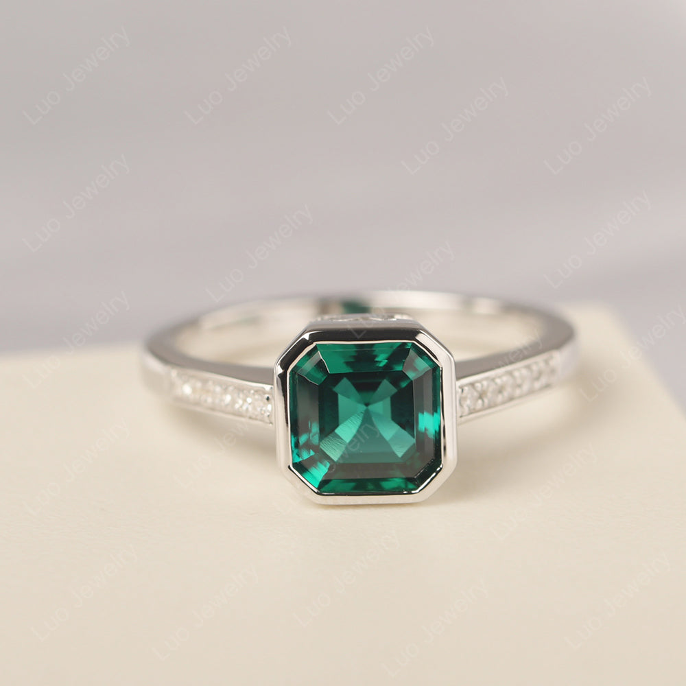 Lab Emerald Bezel Set Asscher Engagement Rings - LUO Jewelry