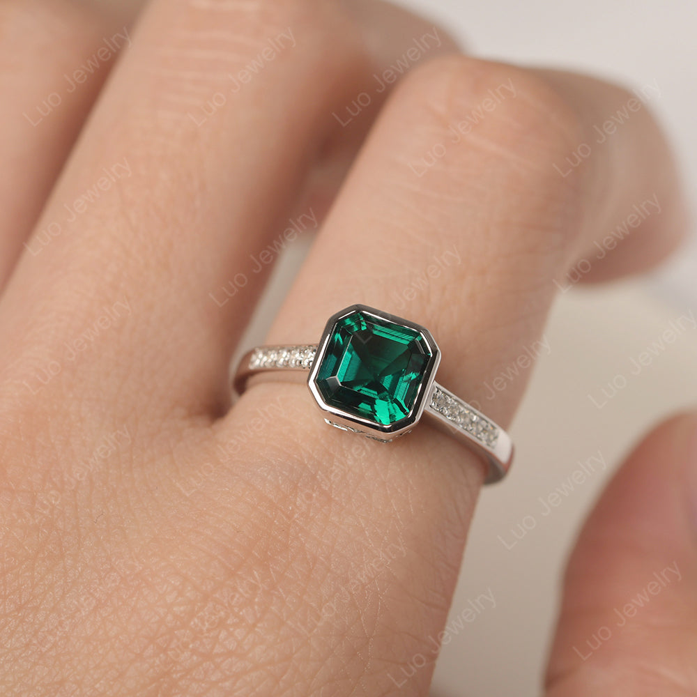 Lab Emerald Bezel Set Asscher Engagement Rings - LUO Jewelry