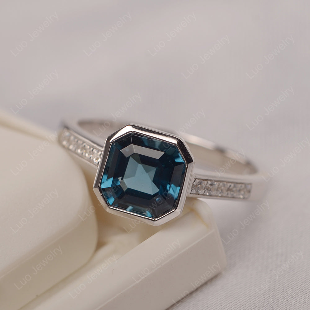 London Blue Topaz Bezel Set Asscher Engagement Rings - LUO Jewelry