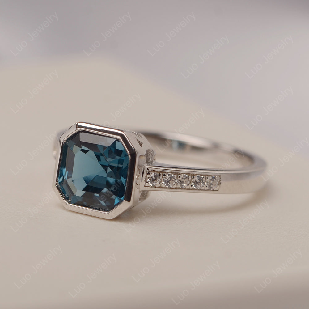 London Blue Topaz Bezel Set Asscher Engagement Rings - LUO Jewelry