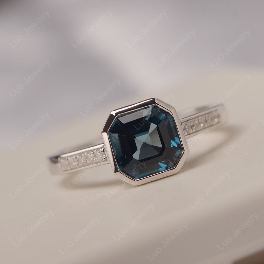 London Blue Topaz Bezel Set Asscher Engagement Rings - LUO Jewelry