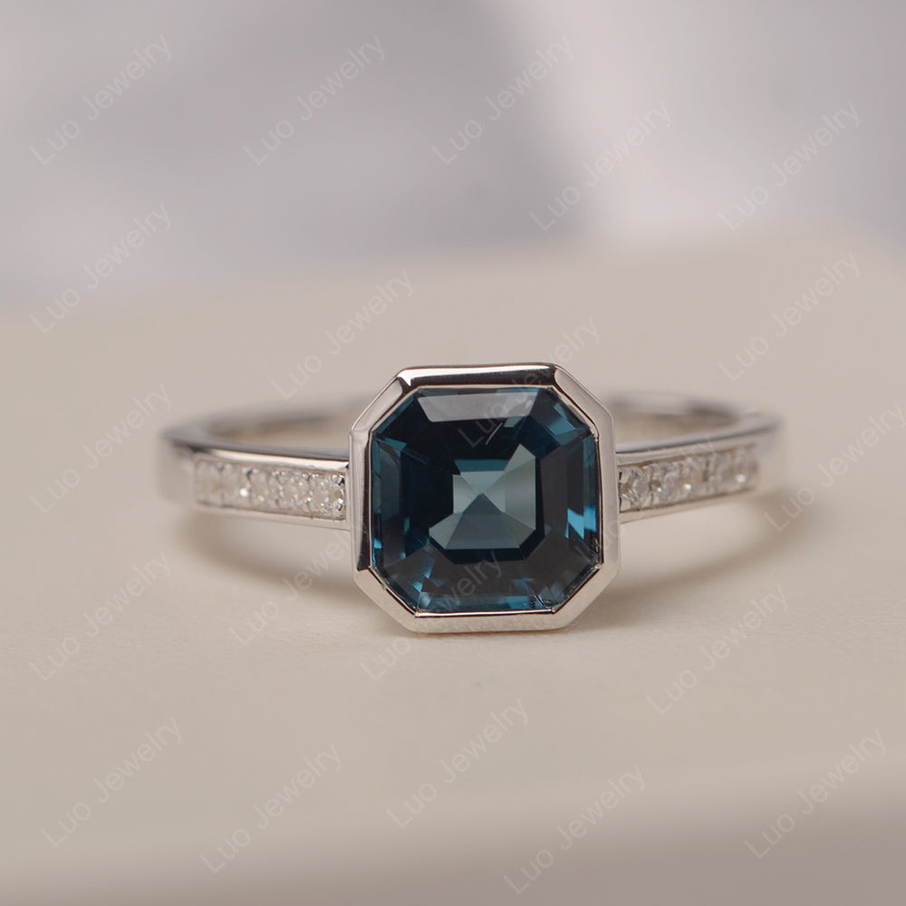 London Blue Topaz Bezel Set Asscher Engagement Rings - LUO Jewelry