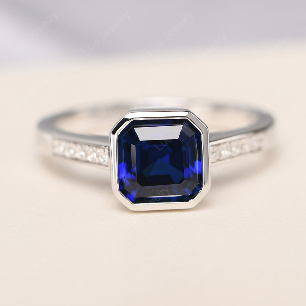 Lab Sapphire Bezel Set Asscher Engagement Rings - LUO Jewelry